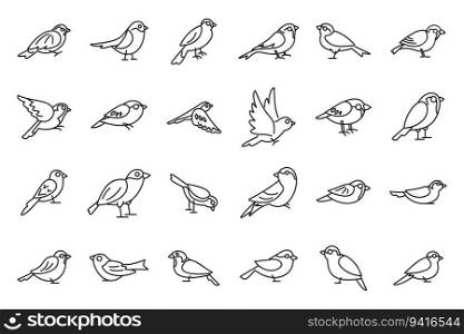 Sparrow icons set outline vector. Fly bird. House tree. Sparrow icons set outline vector. Fly bird