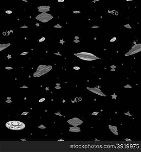 Sparse pattern with different extraterestrial spaceships and text in cosmos, black and white illustration