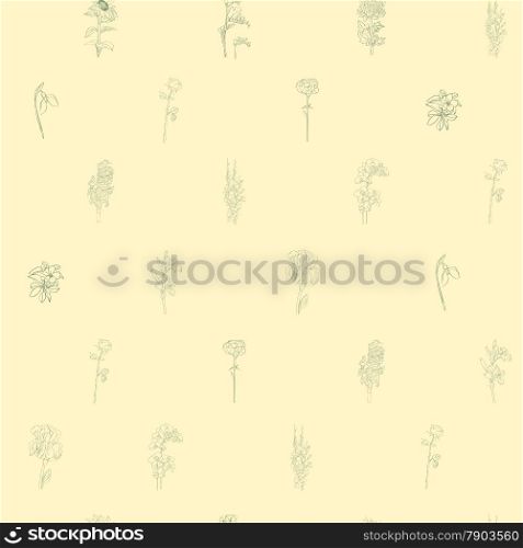 Sparse seamless pattern with different flowers, hand drawn doodles on a yellow background