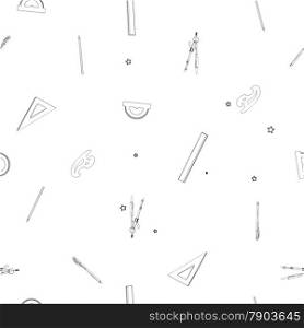 Sparse seamless pattern with school supplies, doodle illustrations of geometry drawing instruments over white background