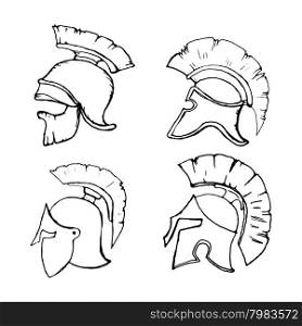 Spartan Helm Variations Set in side view isolated on white background. Logo design template. Vector illustration.