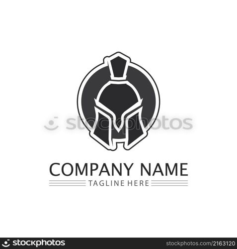 Spartan Helmet logo and gladiator, power, vintage, sword, safety, legendary logo and vector of soldier classic