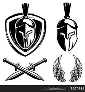Spartan helmet, shield, sword, wings. Design elements for sport team label, badge, sign. Vector illustration