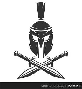 Spartan helmet with crossed swords isolated on white background. Vector illustration.