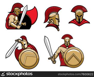Spartan warrior in helmet with shield and sword, vector heraldic icons. Greek Spartan or Roman Gladiator warrior knight in red cape and golden helmet. Spartan warrior, Greek Sparta soldier in armor