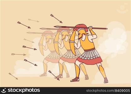 Spartans in armor with shields and spears go on attack. Squad of warriors in protective garment assail together. War and ancient ages. Vector illustration.. Spartans with shield and spear attack