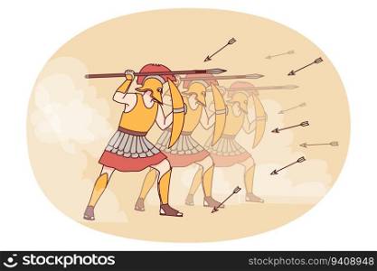 Spartans in armor with shields and spears go on attack. Squad of warriors in protective garment assail together. War and ancient ages. Vector illustration.. Spartans with shield and spear attack