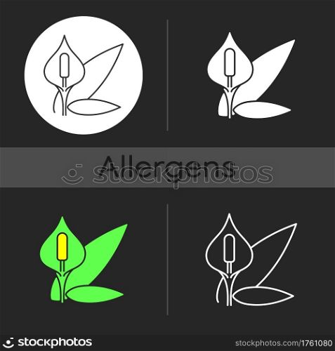 Spathiphyllum dark theme icon. Seasonal flower, pollen allergy. Houseplant bloom. Common allergen. Flowering plant. Linear white, simple glyph and RGB color styles. Isolated vector illustrations. Spathiphyllum dark theme icon