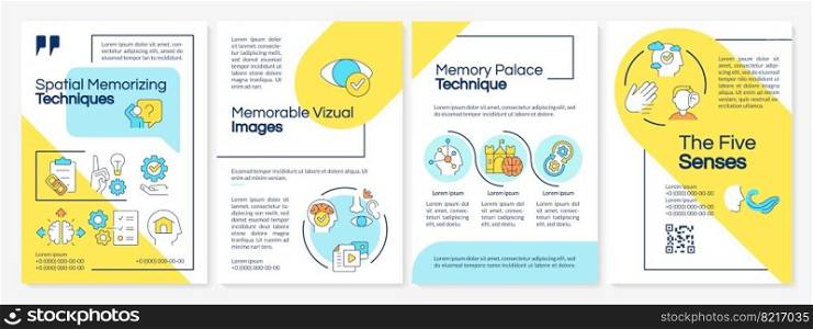 Spatial memorizing techniques blue and yellow brochure template. Leaflet design with linear icons. Editable 4 vector layouts for presentation, annual reports. Questrial, Lato Regular fonts used. Spatial memorizing techniques blue and yellow brochure template