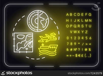 Spatial planning neon light concept icon. Logistic, retail. Landscape architecture. Building idea. Outer glowing sign with alphabet, numbers and symbols. Vector isolated RGB color illustration