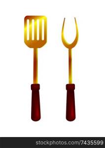 Spatula and fork tools , cutlery isolated icons set vector. Dishware with wooden handles for making grilled roasted food, barbecue flatware closeup. Spatula and Fork Tools Set Vector Illustration