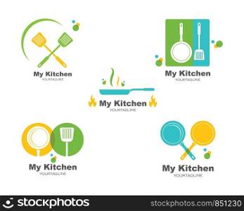 spatula and pan logo icon of cooking and kithen vector illustration