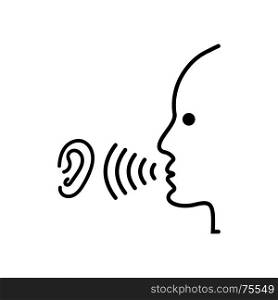Speak and listen symbol.. Speak and listen to the symbol. Black head icon of man speaks in ear