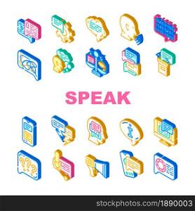 Speak Conversation And Discussion Icons Set Vector. Online Support Advice And Chatting, Speech From Tribune And Sms Message, Human Speak And Talk With Advisor Isometric Sign Color Illustrations. Speak Conversation And Discussion Icons Set Vector