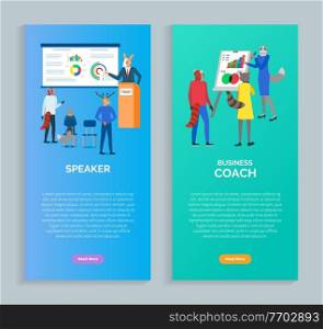 Speaker and business coach vector, cat showing charts on whiteboard and presenter in conference with listeners explaining notions and ideas. Website or webpage template, landing page flat style. Speaker and Business Coach Set of Webpages Vector