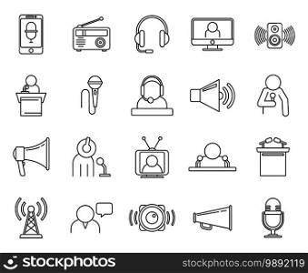 Speaker announcer icons set. Outline set of speaker announcer vector icons for web design isolated on white background. Speaker announcer icons set, outline style