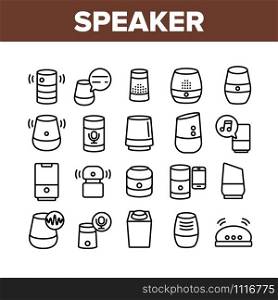 Speaker Assistant Collection Icons Set Vector Thin Line. Voice Speaker Assistance, Smartphone Connection, Play Music And Discussing Concept Linear Pictograms. Monochrome Contour Illustrations. Speaker Assistant Collection Icons Set Vector