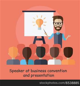 Speaker at Business Convention and Presentation. Speaker at business convention and presentation. Motivational management. Man talks about new direction in company strategy. Part of series of developing successful leadership in team working. Vector