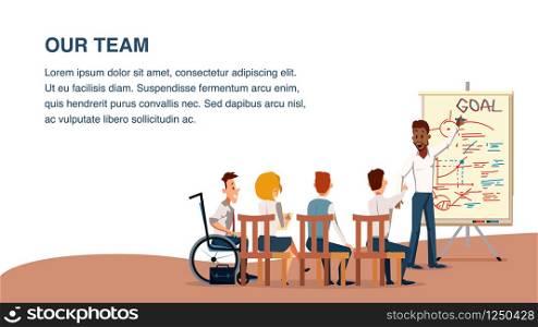 Speaker Giving Presentation to Freelance Team. Business Meeting. Office Worker Showing Plan on Flip Board. Group of Character Sit on Chair, Wheelchair have Discussion. Cartoon Flat Vector Illustration. Speaker Giving Presentation to Freelance Team