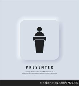 Speaker icon. Speaker speaking from the podium. Training, presentation icon. Business Presentation Icons. Teacher icon. Vector. Neumorphic UI UX white user interface web button. Neumorphism