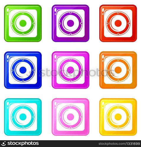 Speaker icons set 9 color collection isolated on white for any design. Speaker icons set 9 color collection