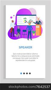 Speaker on presentation vector, hipster animals with information on whiteboard charts and stats, deer and listeners, infocharts on subject. Website or app slider template, landing page flat style. Speaker on Meeting, Hipster Animal on Presentation