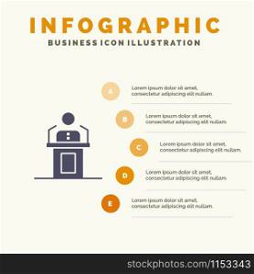 Speaker, Person, Presentation, Professional, Public, Seminar, Speech Solid Icon Infographics 5 Steps Presentation Background