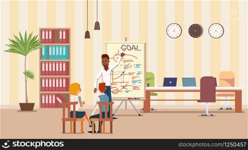 Speaker Presentation at Creative Open Space Office. Team Conference or Business Meeting. Male and Female Character Sit on Chair. Modern Cozy Coworking Area. Cartoon Flat Vector Illustration. Speaker Presentation at Creative Open Space Office