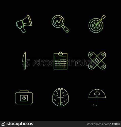 speaker , search , dart , knife , clipboard ,firstaid , brain , umbrella,  icon, vector, design,  flat,  collection, style, creative,  icons
