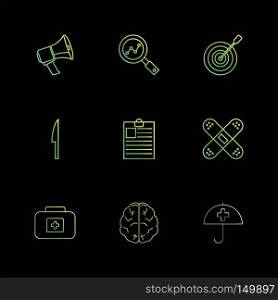 speaker , search , dart , knife , clipboard ,firstaid , brain , umbrella,  icon, vector, design,  flat,  collection, style, creative,  icons