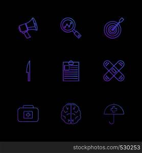 speaker , search , dart , knife , clipboard ,firstaid , brain , umbrella, icon, vector, design, flat, collection, style, creative, icons