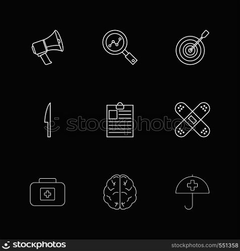 speaker , search , dart , knife , clipboard ,firstaid , brain , umbrella, icon, vector, design, flat, collection, style, creative, icons