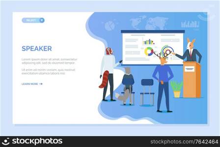 Speaker showing charts report on board, hipster animal audience and presentation, rabbit and deer, cat back view, training or seminar vector. Blue website or webpage template, landing page flat style. Training or Seminar of Hipster Animal Web Vector