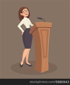 Speaker Woman Illustration . Speaker woman with stand and microphone on brown background cartoon vector illustration