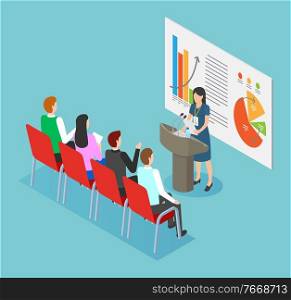 Speaker woman standing near graph report presentation and tribune with microphone 3d isometric view. Congress with financial strategy and teamwork. Speech of presenter and workers discussing vector. Workers Conference and Graph Presentation vector