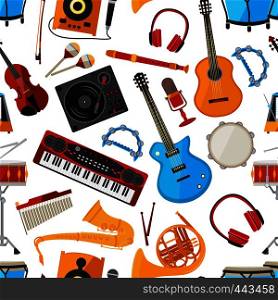 Speakers, amplifier, synthesizer and other music instruments and accessories. Vector seamless pattern with musical instrument, guita and microphone illustration. Speakers, amplifier, synthesizer and other music instruments and accessories. Vector seamless pattern