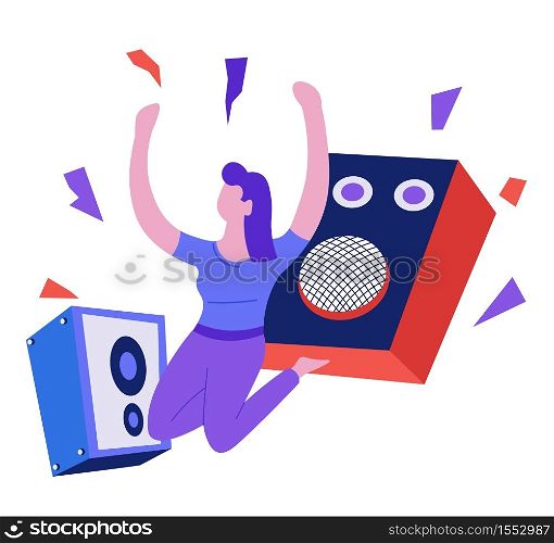 Speakers and woman dancing music playing and listening isolated female character vector music art songs and melodies electronic device audio sound loud volume girl on knees enjoy musical records. Music playing and listening speakers and woman dancing isolated character