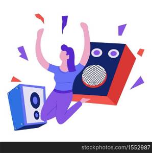 Speakers and woman dancing music playing and listening isolated female character vector music art songs and melodies electronic device audio sound loud volume girl on knees enjoy musical records. Music playing and listening speakers and woman dancing isolated character