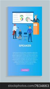 Speakers on conference, vector rabbit making report to audience of animals. Vector businessmen in masks sitting on chairs and listening statistics. Website or webpage template, landing page flat style. Speakers on Conference Vector Rabbit Making Report