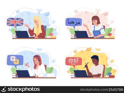 Speaking foreign language fluently 2D vector isolated illustration set. Flat characters on cartoon background. Colourful scene collection for mobile, website. Patrick Hand, KozGoPr6N fonts used. Speaking foreign language fluently 2D vector isolated illustration set