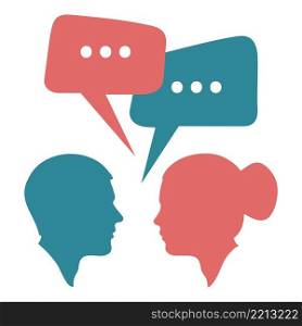  Speaking people. Couple conversation, dialogue bubbles and chat avatars profile portraits talk together. Social community, dictionary talking or speech chatting. Isolated vector illustration icons set