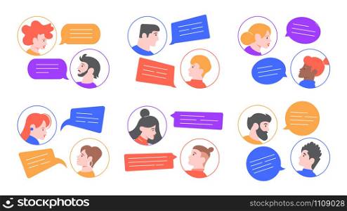 Speaking people. Men and women profile avatars conversation, young couple speaking, chatting together. People communication, brainstorm speaking vector illustration set. Interlocutors comments, chat. Speaking people. Men and women profile avatars conversation, young couple speaking, chatting together. People communication, brainstorm speaking vector illustration set. Chat dialogues, speech bubbles