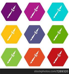 Spear battle icons 9 set coloful isolated on white for web. Spear battle icons set 9 vector