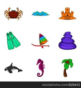 Spear fishing icons set. Cartoon set of 9 spear fishing vector icons for web isolated on white background. Spear fishing icons set, cartoon style