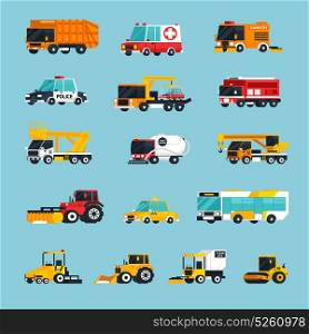 Special And Emergency Transport Infographics. Special and emergency transport flat colored icons set with vehicles used for professional service on city streets vector illustration