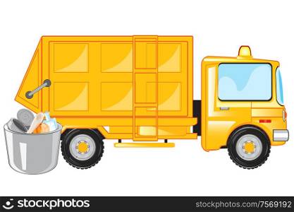 Special car for loading and transportation departure and rubbish cartoon. Car garbage truck on white background is insulated