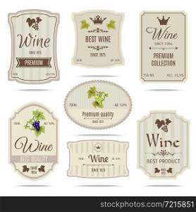 Special collection best quality grape varieties and premium wine brand names labels emblems abstract isolated vector illustration. Wine labels set