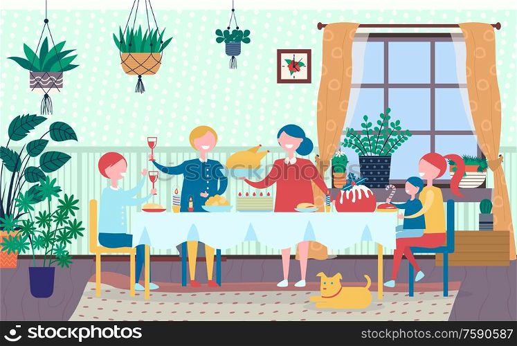 Special day for family vector, mother and father with daughter and son celebrating event holiday. People sitting by table eating and drinking room interior. Family Meeting, People Eating and Drinking Holiday