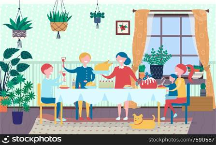 Special day for family vector, mother and father with daughter and son celebrating event holiday. People sitting by table eating and drinking room interior. Family Meeting, People Eating and Drinking Holiday