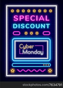 Special discount neon board decorated by lights and shiny lines. Cyber monday poster with glowing frame, commerce internet technology. Business promotion of sale, marketing icon on blue vector. Special Discount and Cyber Monday Poster Vector